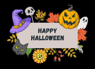 Happy halloween. Pumpkin, witch hat, ghost, magic black cat, autumn leaves illustration. Greeting card. Halloween label. Hand drawn vector illustration. Design template. Cartoon style.