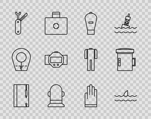 Set line Underwater note book and pencil, Shark fin in ocean wave, Lift bag, Buoy, Swiss army knife, Diving watch, Gloves and Big flashlight for diver icon. Vector
