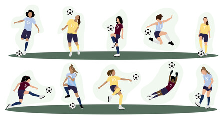 Fototapeta na wymiar Set of women playing soccer on white background