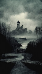 Fototapeta na wymiar Gloomy atmospheric dark realistic landscape. Mystic, horror, spooky, dramatic scene. 3D illustration.