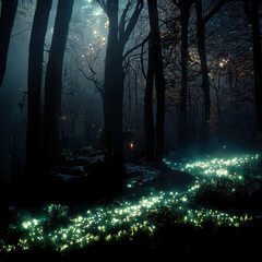 Fototapeta na wymiar Realistic haunted forest landscape at night. Fantasy Halloween forest background. 3D illustration.