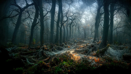 Realistic haunted forest spooky landscape at night. Fantasy Halloween forest background. 3D illustration.