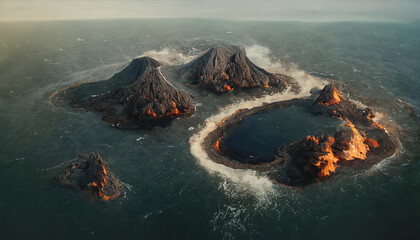 Naklejka premium Aerial view of small eruption atoll islands archipelago in the ocean. 3D illustration.