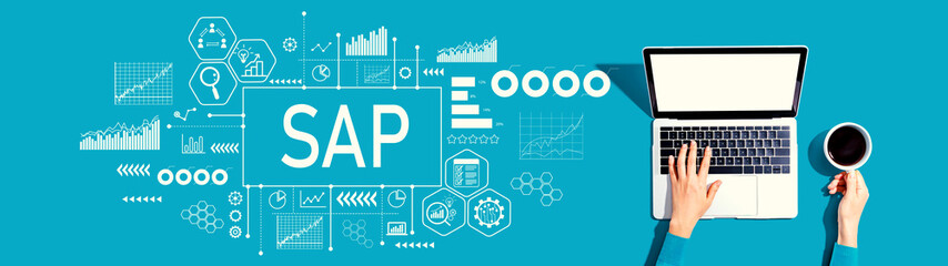 SAP - Business process automation software theme with person using a laptop computer