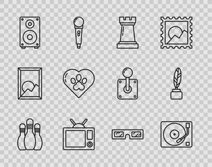 Set line Bowling pin, Vinyl player with a vinyl disk, Chess symbol, Television, Stereo speaker, Heart animals footprint, 3D cinema glasses and Feather and inkwell icon. Vector