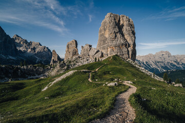 Obraz premium Amazing sunrise morning view of Cinque Torri, Dolomites, South Tyrol, Italy. Famous rock formation Cinque Torri near Cortina d'Ampezzo, Italian Dolomiti. Unesco protected moutain landscape.