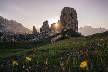Amazing sunrise morning view of Cinque Torri, Dolomites, South Tyrol, Italy. Famous rock formation Cinque Torri near Cortina d'Ampezzo, Italian Dolomiti. Unesco protected moutain landscape.