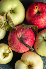 Not perfect but natural red and green apples just from apple tree on dark background