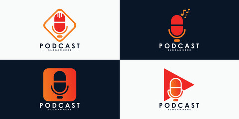 set of podcast logo design with creative concept premium vector