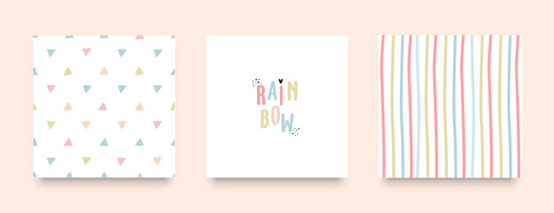 Modern hand drawn rainbow posters set. Doodle style.  For children's wall decor, wallpaper.	
