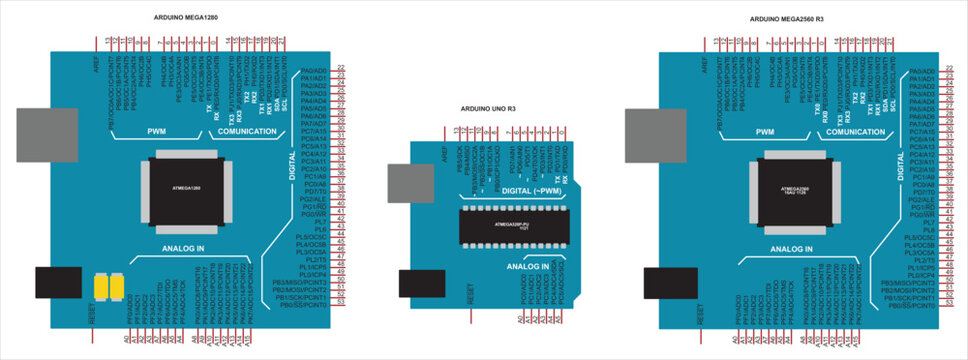 Vector illustration of Arduino uno printed circuit board, Arduino mega 2560, 
Arduino mega 1280. An electronic board operating under the control of an ATmega microcontroller. A1 format drawing.