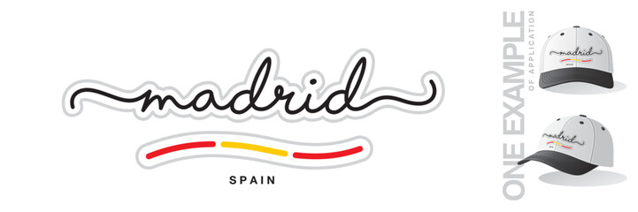 Madrid Spain, abstract Madrid flag ribbon, new modern handwritten typography calligraphic logo icon with example of application - obrazy, fototapety, plakaty