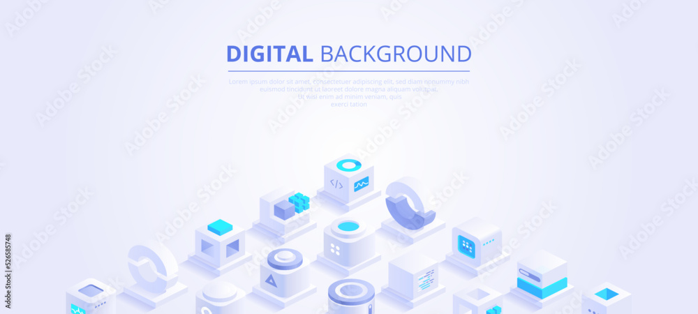 Wall mural web banner design of digital technologies concept. abstract isometric cubes with text place on white
