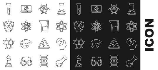 Set line Test tube and flask chemical, Head electric symbol, Atom, Biohazard, Radioactive in shield, and Laboratory glassware or beaker icon. Vector