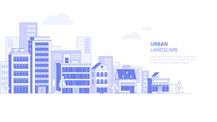 City landscape with buildings. Towers and buildings in modern flat style on white background. Abstract horizontal banner and background with copy space for text. Vector header images for web