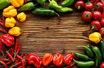 Obraz na płótnie Canvas Background with assorted peppers on a wooden board with space for text