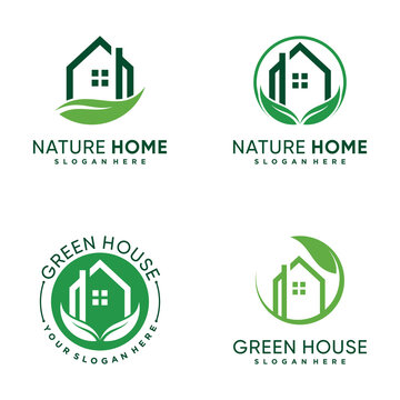 Set of nature house logo design bundle with green leaf icon and creative concept Premium Vector