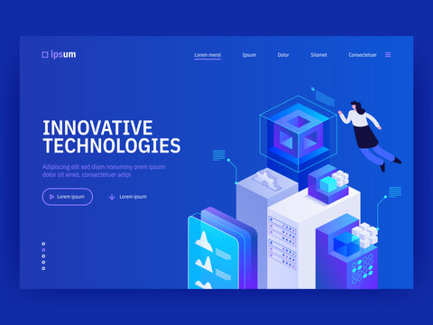 Innovative technologies landing page template. Abstract technology hi-tech communication concept, digital business, innovation, science fiction scene. Vector isometric illustration