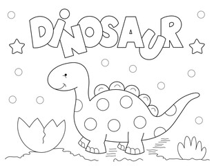 dinosaur coloring page for kids. cute black and white design with fun letters and more shapes to color. you can print it on standard 8.5x11 inch paper © BaMic illustrations