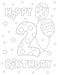 happy 2 birthday coloring page. fun design with a big number two, balloons and stars. you can print it on standard 8.5x11 inch paper