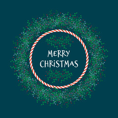 Card Christmas wreath with candy cane circle. Holiday postcard. Vector isolated.