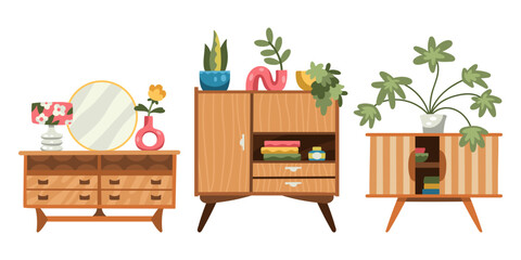 Set of retro wooden cabinets with houseplants. Mid-century modern furniture. Scandinavian interior design. Warm hygge aesthetics. Flat cartoon hand-drawn style, isolated on white background