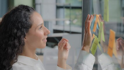 Side view smiling happy successful businesswoman taking notes on stickers writing reminders on color sticky label joyful female project manager developing startup strategy creates plan on glass board