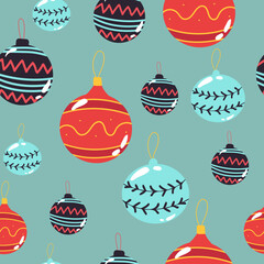 Christmas seamless pattern with balls, baubles, cones, bows blue background. Perfect for holiday invitations, winter greeting cards, wallpaper and gift paper