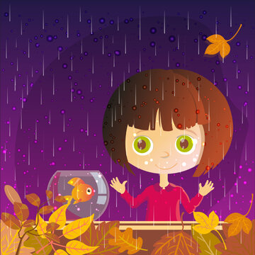 A little girl looks out the window as it rains. Autumn leaves and rain. There is a fish in the aquarium next to it. Raindrops on the window.