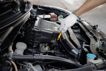 Fototapeta premium Close-up of a man's hand pulling a dipstick to check the engine oil level.