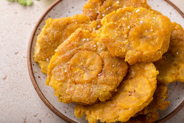 Tostones, traditional Carribean dish, twice fried plantains