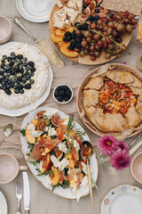 picnic snacks top view. decorated served table with different food. 