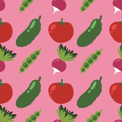 Autumn harvest cartoon seamless tomatoes and cucumber and radish and peas pattern for wrapping paper