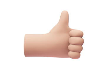 Stylized 3d hand. Thumb up gesture on white isolated background.