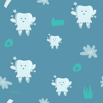First tooth fairy kawaii seamless pattern with a girl teeth characters in a skirt and a crown. Pastel blue background with stars for tablecloth, textile printing.