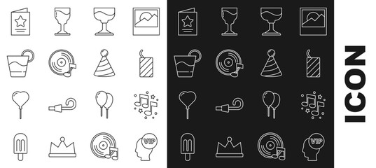 Set line Vip inside head, Music note, tone, Firework rocket, Cocktail, Vinyl disk, Greeting card and Party hat icon. Vector
