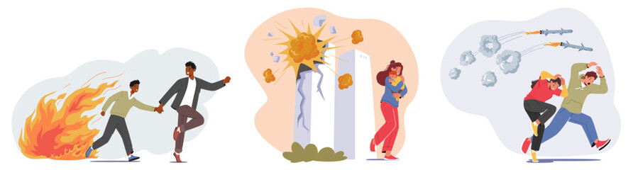 Set Frightened People Escape from Destroyed City with Explode Buildings and Falling Bombs. Scared Mother with Baby