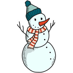 Christmas sticker, illustration, doodle of a snowman. Hand drawn PNG element