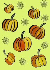seamless pattern with pumpkins. Halloween illustration orange pumpkins and spider webs on a light green background