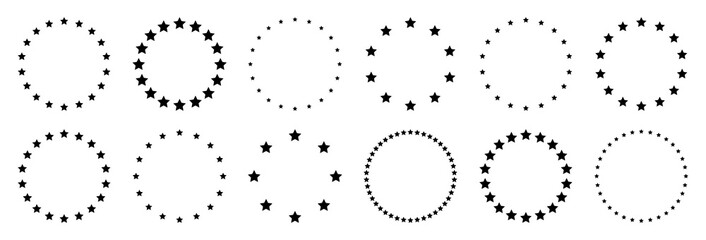 Stars of various sizes arranged in a circle. Round frame, border. Black star shape, simple symbol. Design element, ornament. Vector illustration