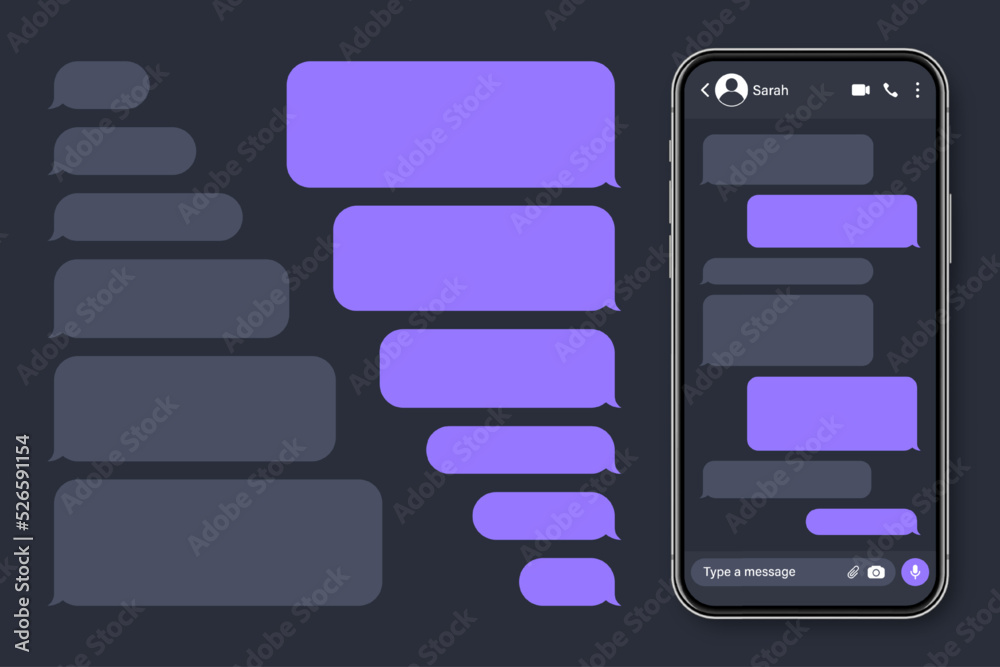 Wall mural Realistic smartphone with messaging app. Blank SMS text frame. Conversation chat screen with violet message bubbles. Social media application. Vector illustration.