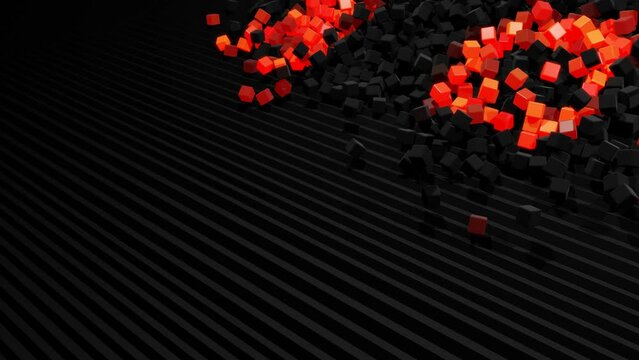 cubes fall down on steps bounce off stair and roll down light up and form pattern. Cubes like abstract bulbs or garland. Abstract background 4k 3d render Motion design nft style