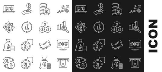 Set line ATM and money, Currency exchange, Pie chart dollar, Coin with euro symbol, pound, Yen, Cryptocurrency and icon. Vector