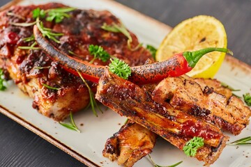 Grilled meat ribs with lemon. A dish from the chef for serving in a restaurant.