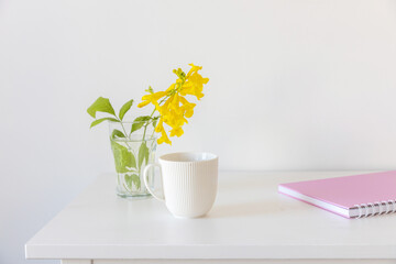 A pink notebook with springs, a white coffee mug, Dresser. Minimalism. Seventies style.