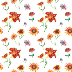 Floral seamless pattern. Watercolor illustration autumns flowers from yellow to red colors. Isolated on white. Hand drawing.