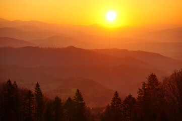 Beautiful colorful sunrise in the mountains, scenic view from Králiky, Slovakia