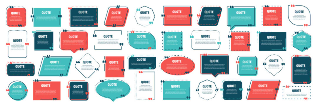 Set of various colorful isolated quote frames. Speech bubbles with quotation marks. Blank text box and quotes. Blog post template. Vector illustration.