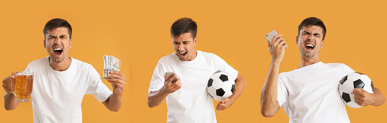 Collage of happy man with soccer ball, mobile phone, beer and money on orange background