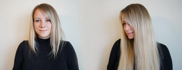 Woman before and after hair extensions on white background. Hair extension, beauty, tress, hair...